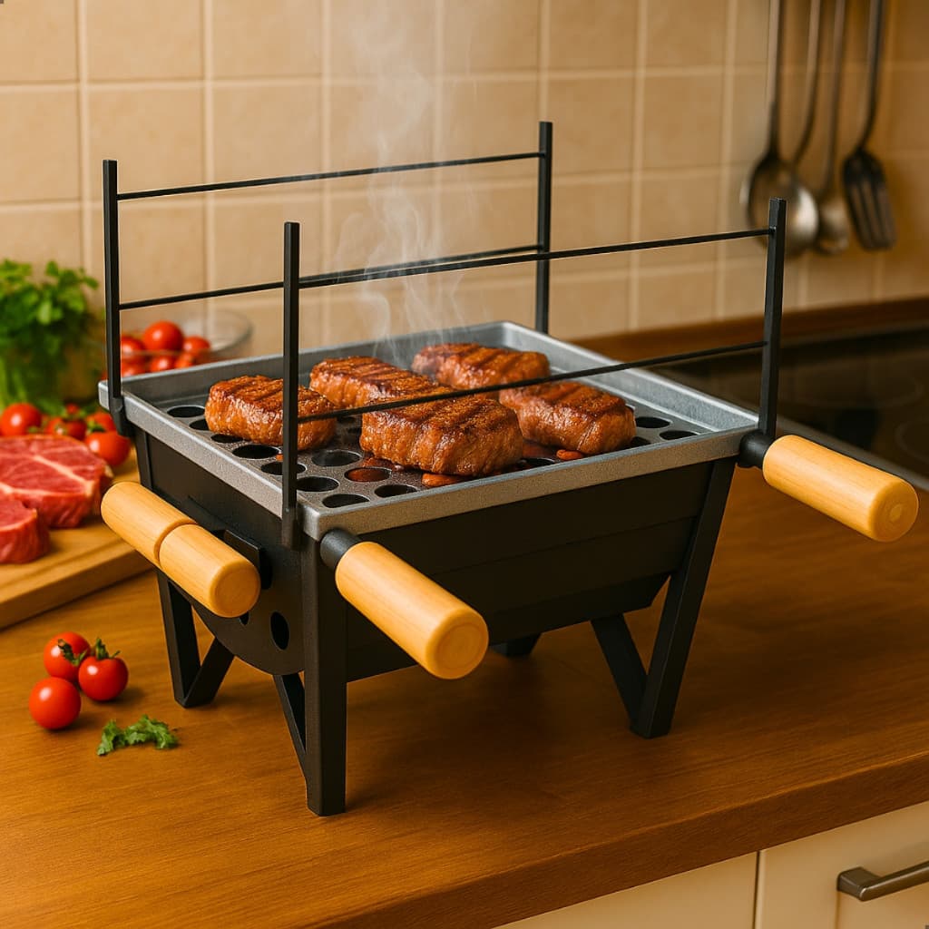 Churrasqueira a Carvão de Mesa Portátil com Três Andares, Aço Carbono, Preta