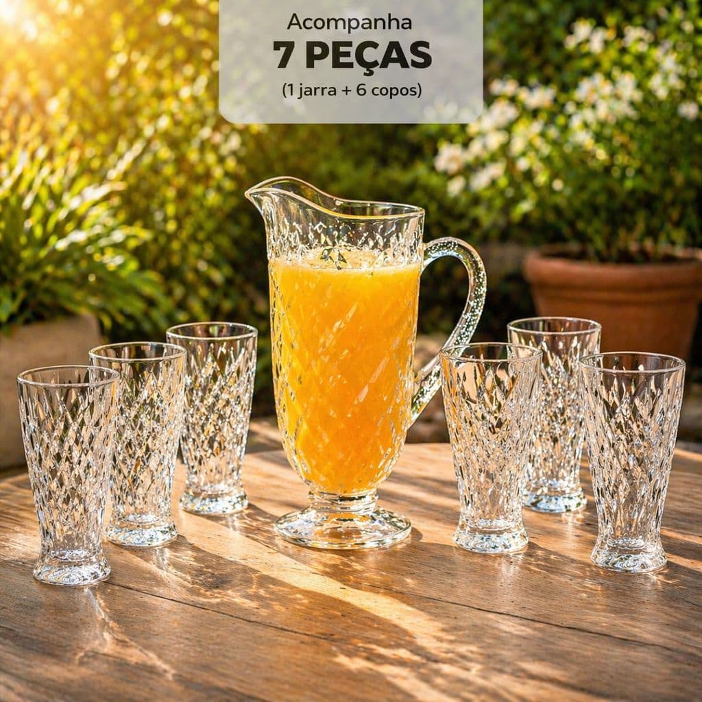 Kit Jarra de Vidro 1,15L + 6 Copos 300ML Suco Água Mesa Dia Das Mães