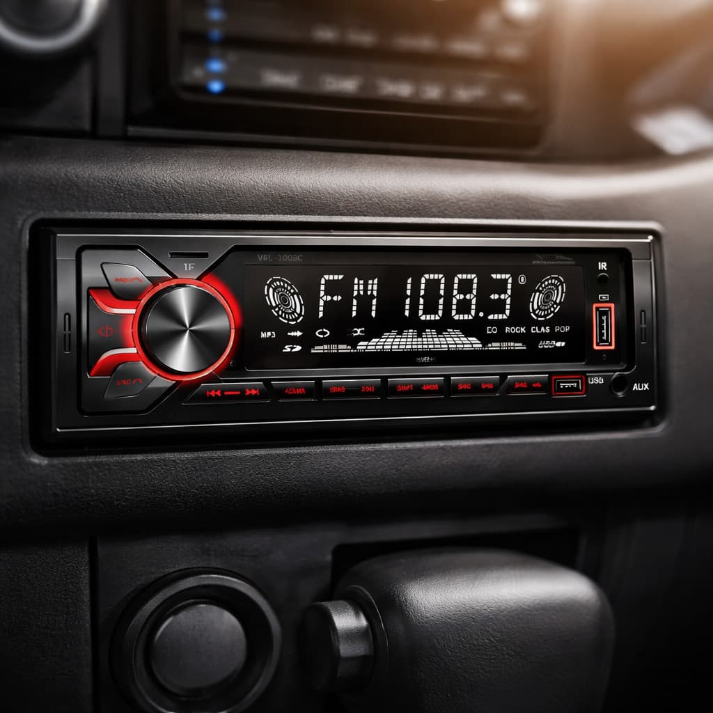 Rádio automotivo 1 DIN com tela LED digital mostrando FM 108.3