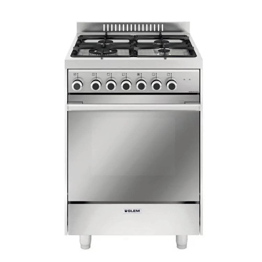 Fogão Glem 4 Bocas 60cm com Forno a Gás Inox GLMMQ6613QI - 220V, prateado, com quatro queimadores e forno.