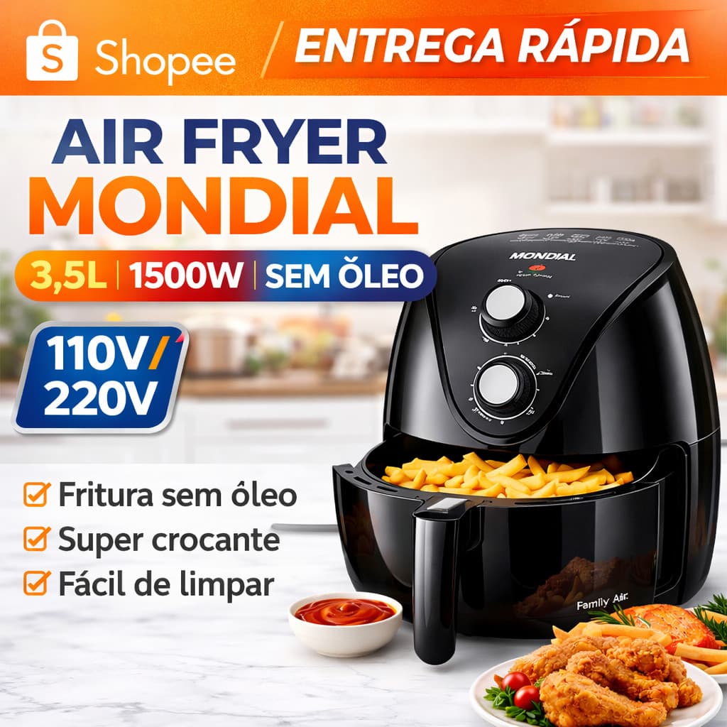 Fritadeira elétrica Mondial sem óleo, capacidade 3,5L, 1500W, preta, frituras crocantes, fácil de limpar