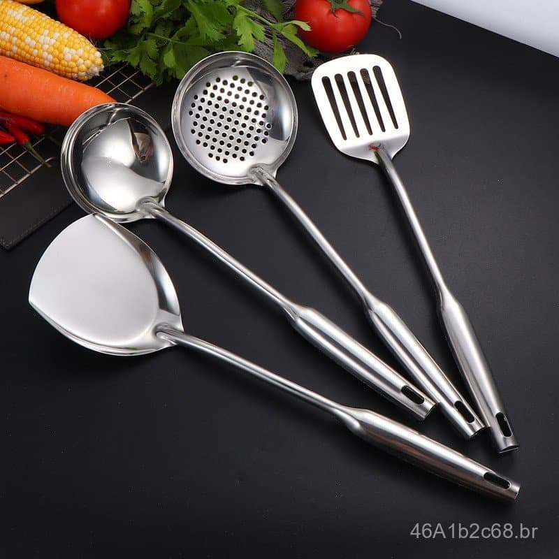Conjunto de utensílios de cozinha em aço inoxidável com colher de sopa, escumadeira, espátula e espátula com buracos