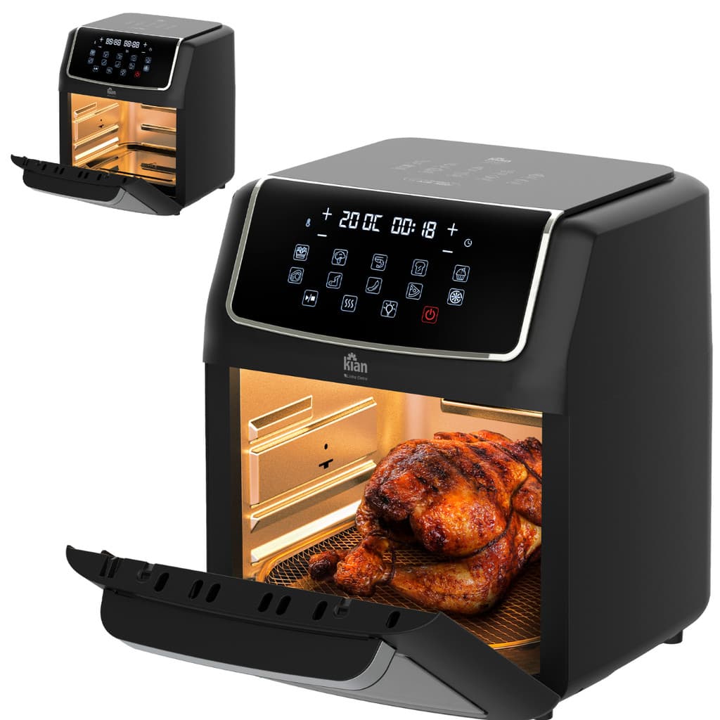 Fritadeira elétrica e forno com capacidade de 12 litros, em preto e prata, com frango assado no interior.