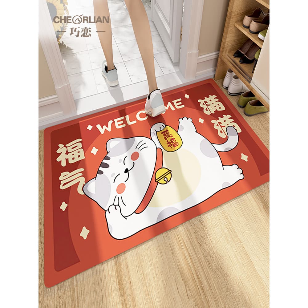 Tapete de entrada vermelho com gato e saudação em chinês
