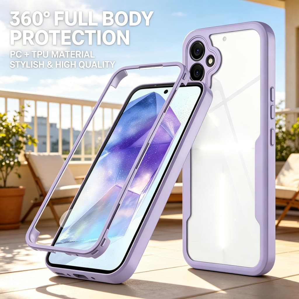Capa de celular transparente com bordas roxas, proteção 360°, material PC e TPU, design elegante.
