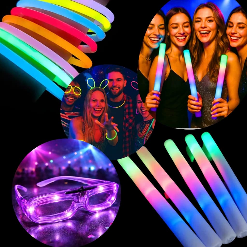 Kit Festa Neon com Bastões de LED, Pulseiras e Óculos de LED - Diversas Cores