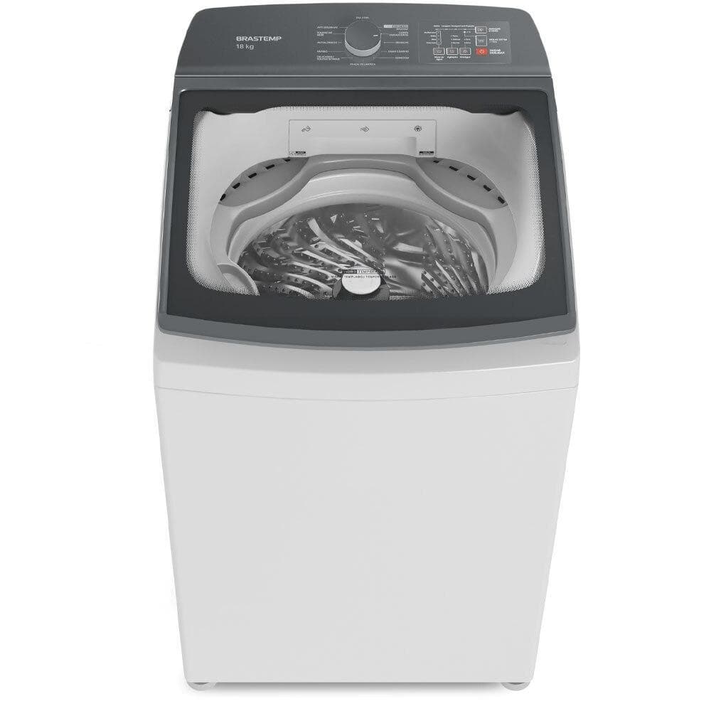 Máquina de lavar roupas automática Brastemp 18Kg branca com tampa transparente e controles digitais
