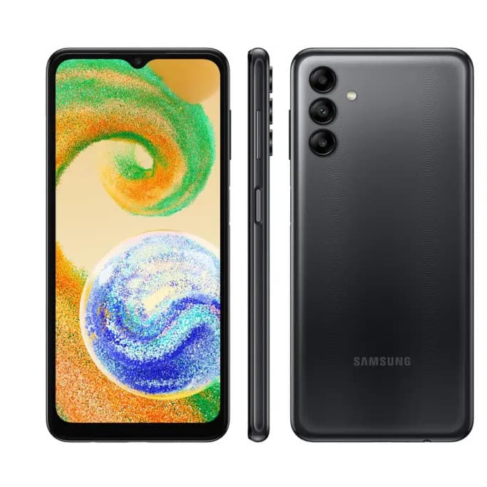 Imagem frontal e traseira do smartphone Samsung Galaxy A04S em preto