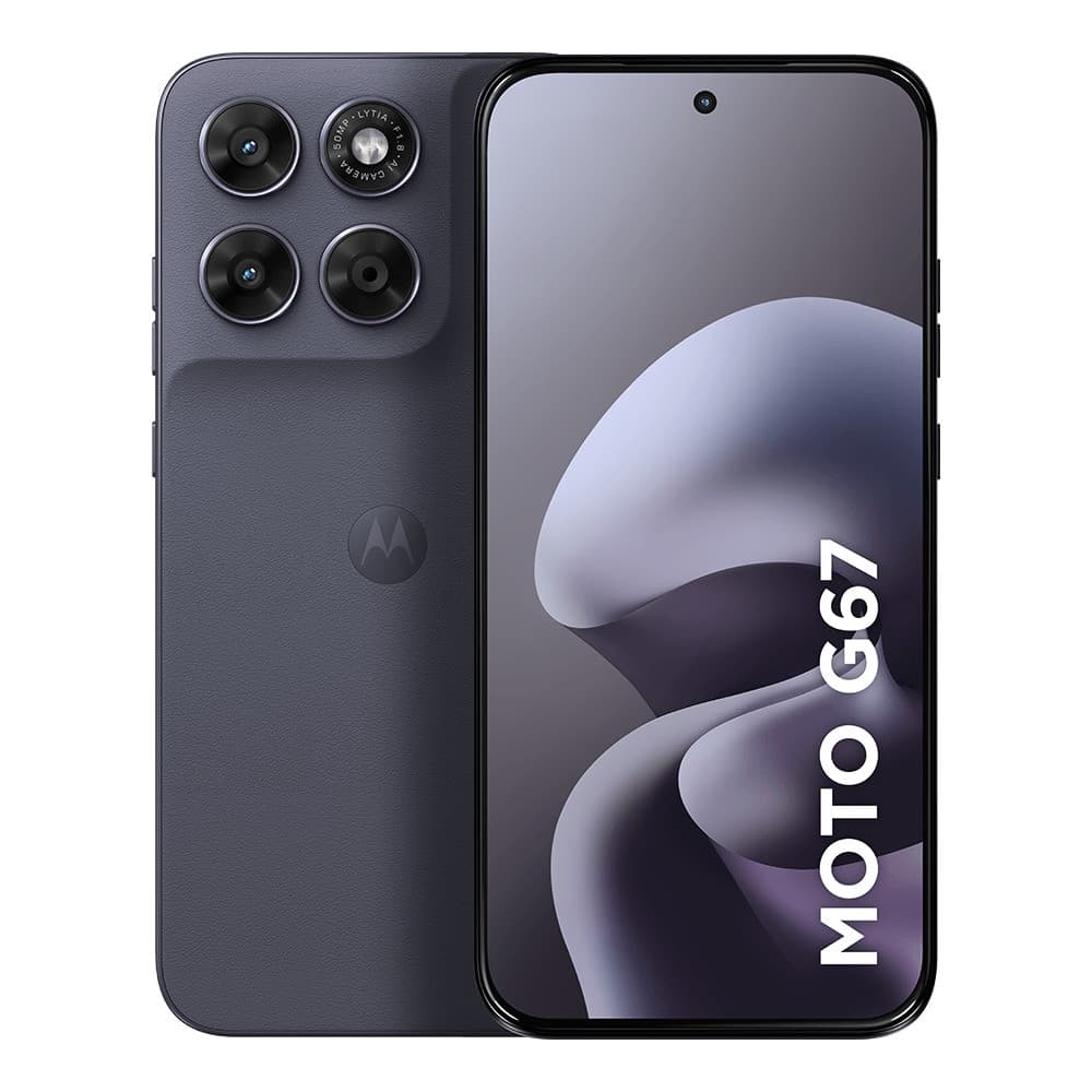 Smartphone Motorola Moto G67 5G 128GB cinza, câmera traseira quadrupla, logotipo Motorola, tela cinza e branco.
