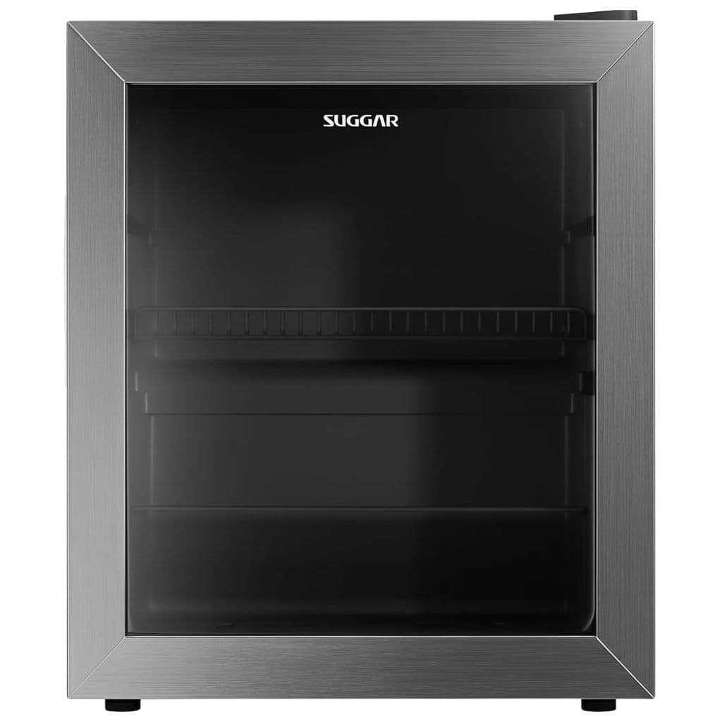 Frigobar Suggar 46 Litros Inox em aço inoxidável com porta de vidro aberta