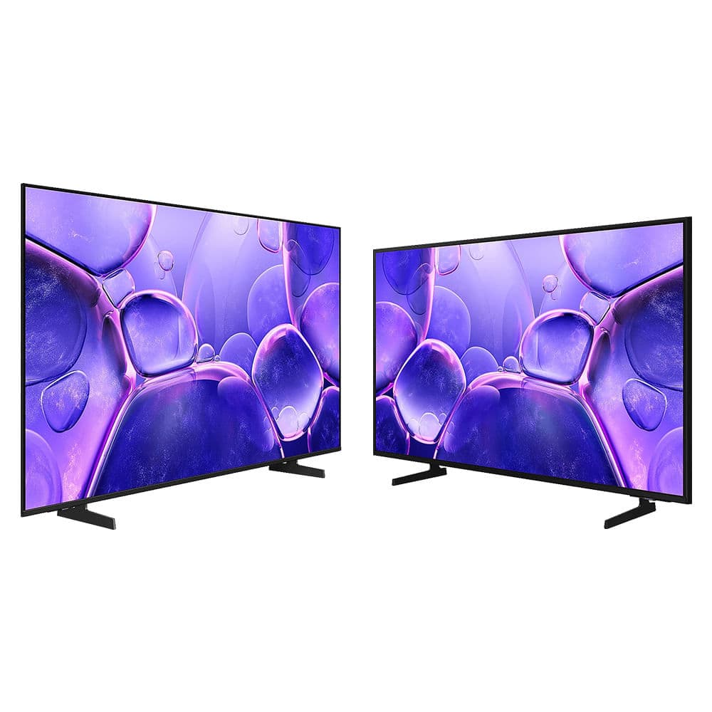 Samsung Smart TV 58'' e 50'' Crystal UHD 4K exibindo imagem roxa com bolhas de ar