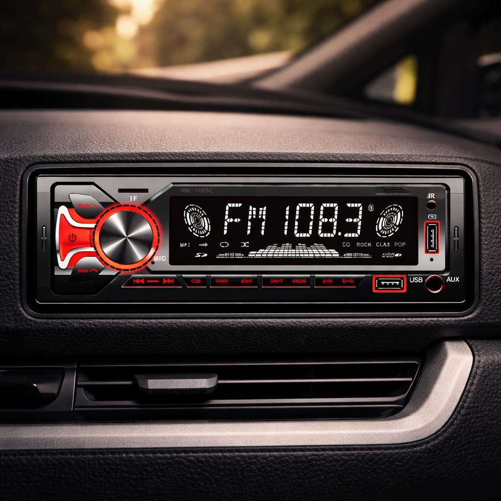 Rádio automotivo 1 din com tela LED, Bluetooth, USB e AUX, exibindo FM 108.3.