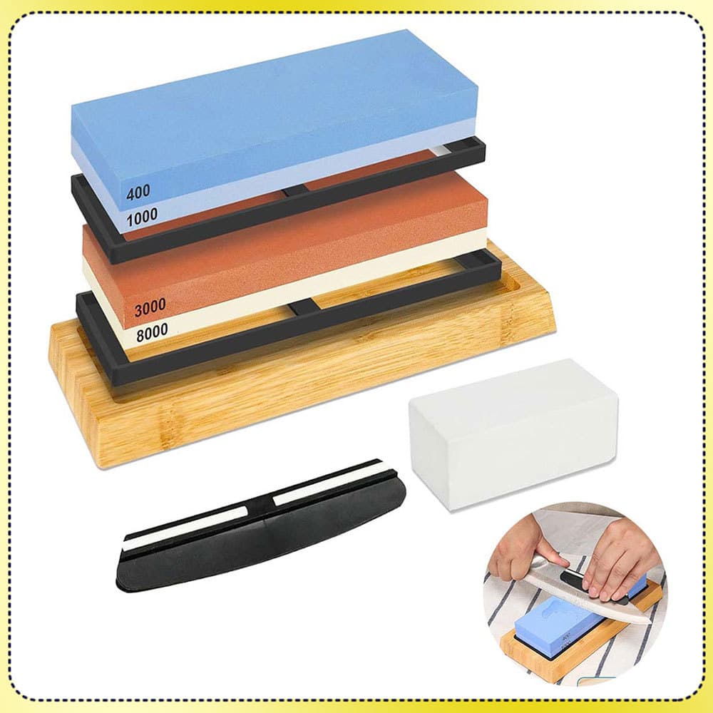 Kit de pedras para afiar facas com suporte de madeira, bloco de espuma e pedra dupla face.