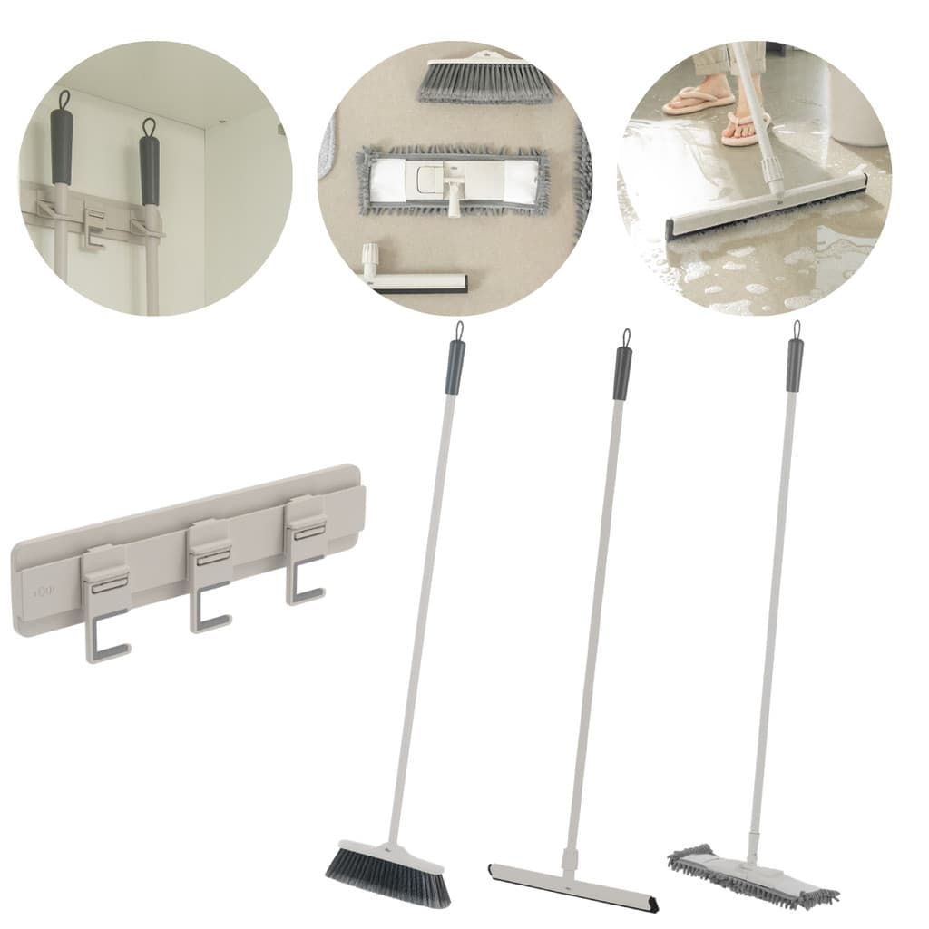 Kit Organizador Lavanderia 3 Ganchos Adesivo Parede Rodo EVA Vassoura Nylon e Mop Seco com Cabo Inox