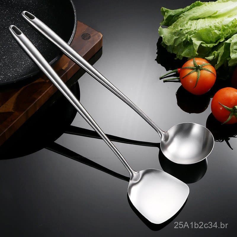 Espátulas de cozinha em aço inoxidável 304, com cabos longos e alças curtas, sobre fundo cinza.