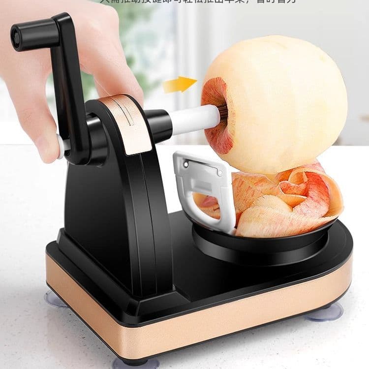 Descascador de maçã manual automático multifuncional em uso, mostrando maçã descascada
