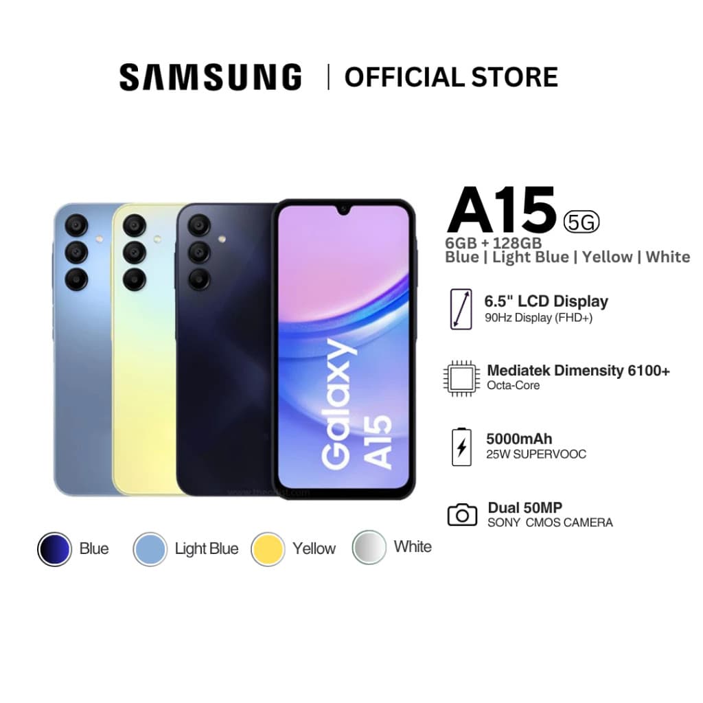Smartphone Samsung Galaxy A15 5G em várias cores: azul, light blue, amarelo e branco.