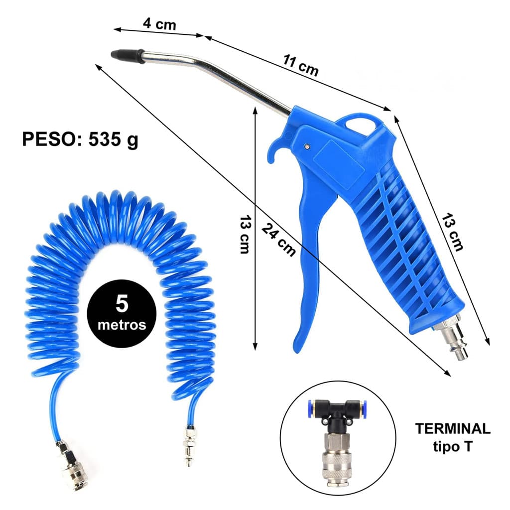 Kit Pistola de Ar Limpeza Bico Fino + Mangueira Engate Rápido e Adaptador em T