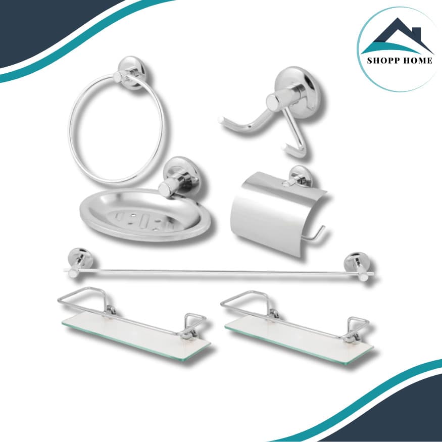 Combo Kit acessorios 5 peças para banheiro + 2 porta shampoo reto. Qualidade, resistência e fácil instalação.