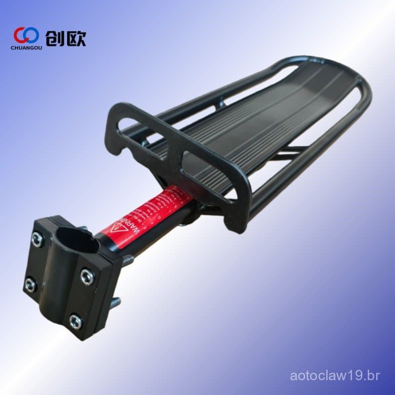 Suporte traseiro para bicicleta preto com rótulo vermelho