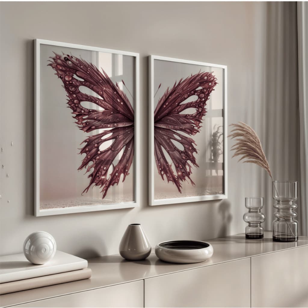 Kit 2 quadros decorativos com borboletas e asas douradas