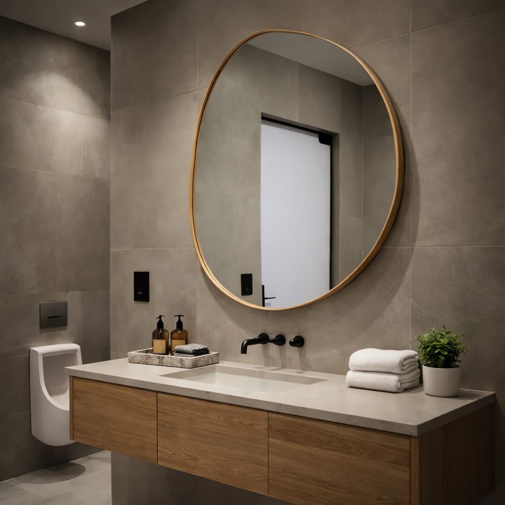 Espelho orgânico com moldura moderna abstrata instalado em banheiro