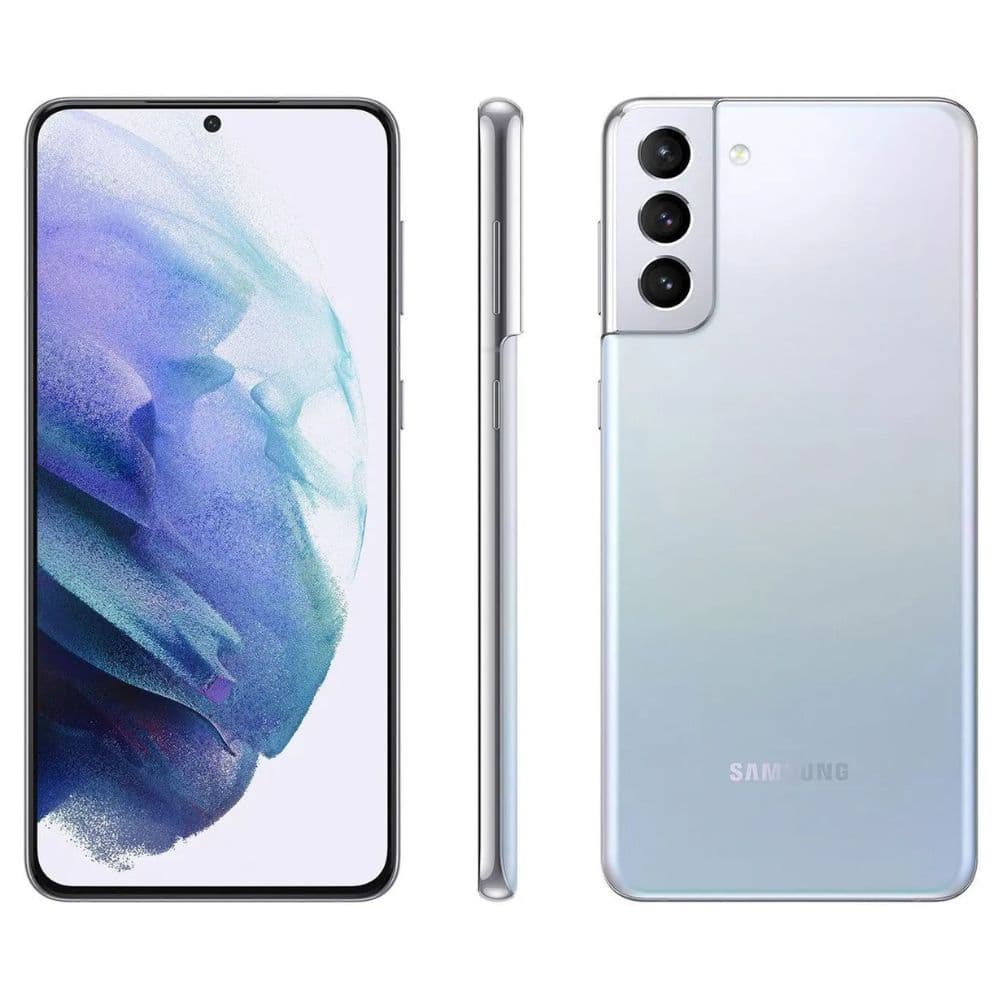 Samsung Galaxy S21 Plus 5G 128 GB Prata - Excelente, vista lateral com câmera tripla