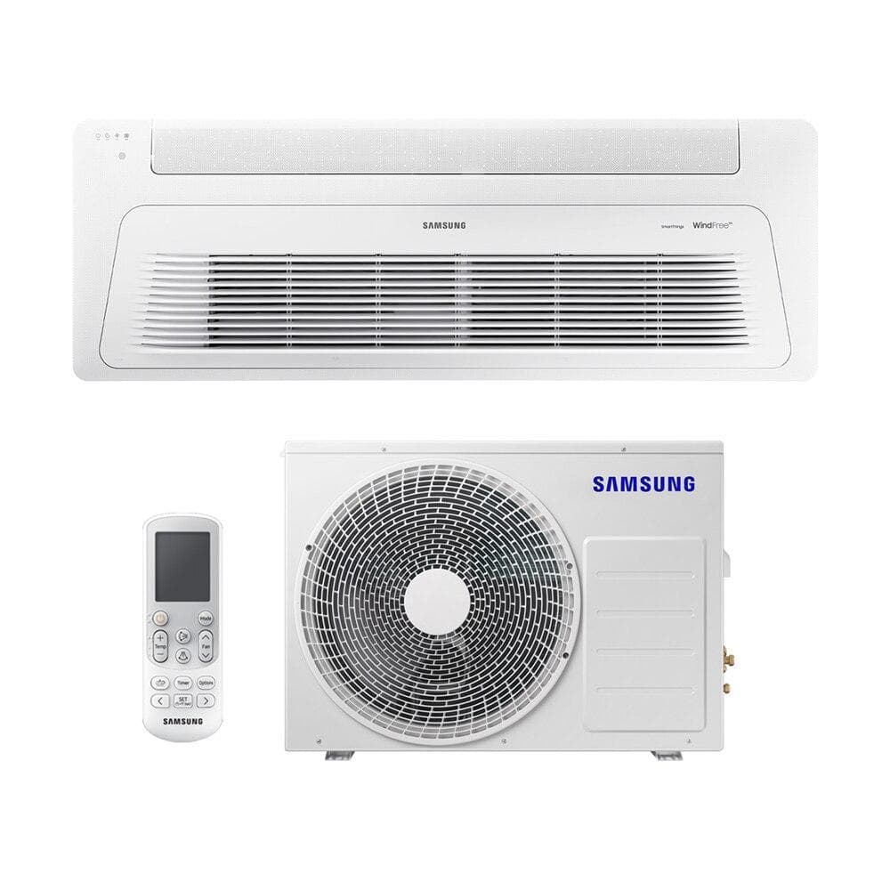 Ar-condicionado split Samsung Inverter Cassete 17000 BTUs WindFree, branco com controle remoto, em fundo branco