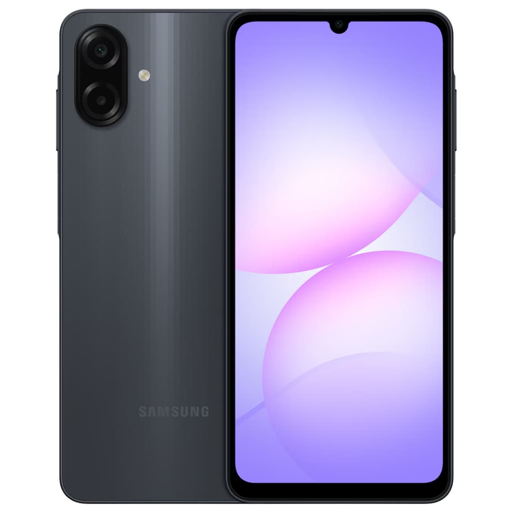 Smartphone Samsung Galaxy A07 cinza metálico com câmera dupla na traseira