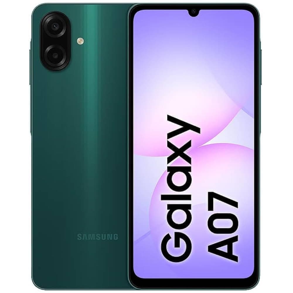 Smartphone Samsung Galaxy A07 4G, verde, display desligado com texto Galaxy A07