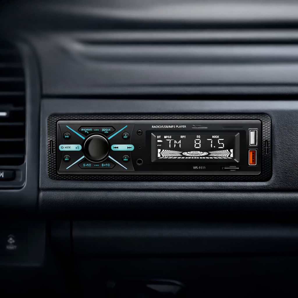 Rádio automotivo 1 DIN com tela LED e controle remoto, montado em painel de carro.