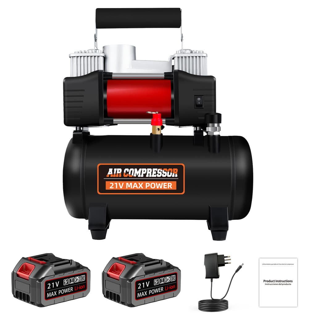 Compressor de ar portátil preto e vermelho 21V Max Power com baterias e carregador