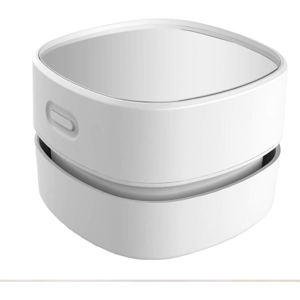 Aspirador de pó de mesa branco compacto, ângulo frontal, sem texto visível