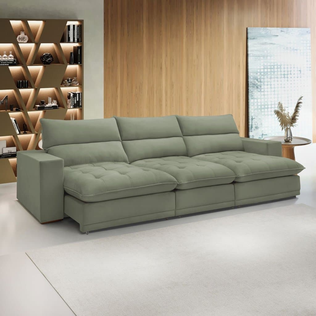 Sofá retrátil e reclinável verde de 5 lugares com design modular e almofadas soltas