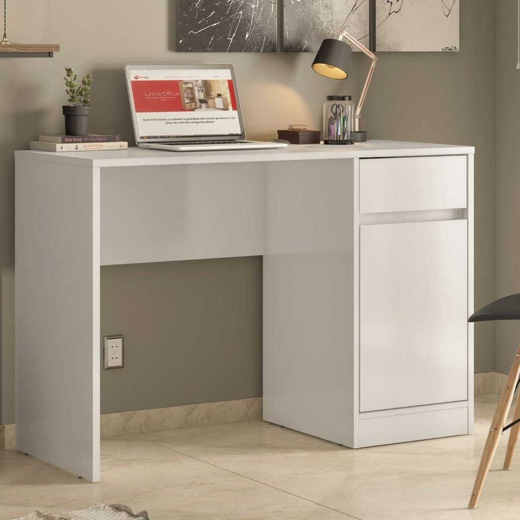 Escrivaninha Mesa Escritório Office Morada 1 Gaveta 1 Porta 109cm Branca Branca