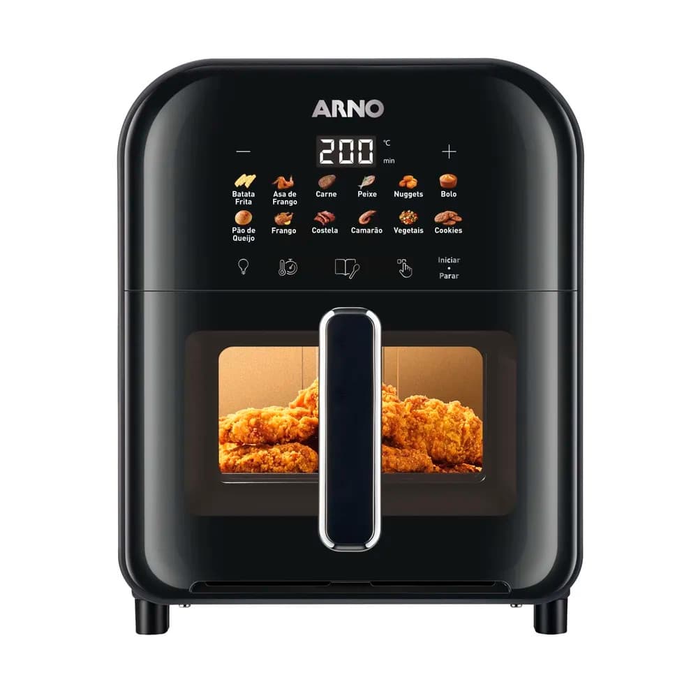 Fritadeira Elétrica Sem Óleo Arno AIF6 6L, preta e prata, com tela digital e porta de vidro