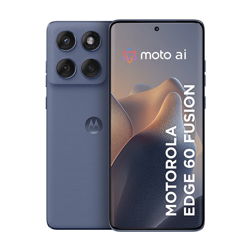 Smartphone Motorola Edge 60 Fusion 5G com câmera traseira quadrupla e logo 'moto ai' em fundo branco