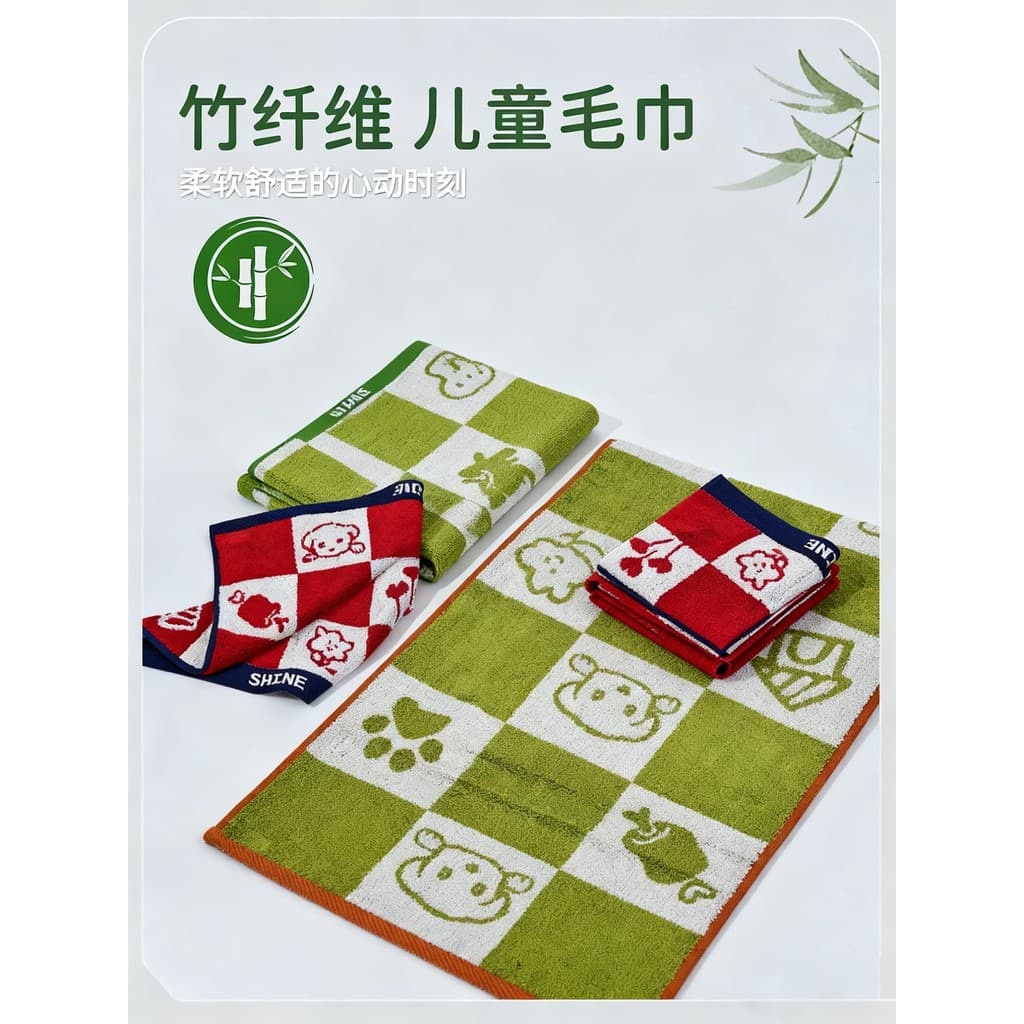 Toalhas de rosto infantis com estampas de animais e frutas, fundo branco, xadrez verde e vermelho