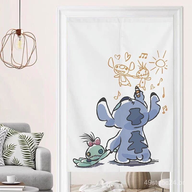 Cortina de tecido com estampa Stitch, cortina de divisória para quarto infantil, cortina para banheiro e lavabo, cortina