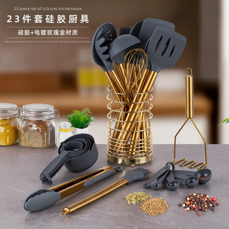 Conjunto de 19 peças de espátula e colher de silicone com revestimento dourado