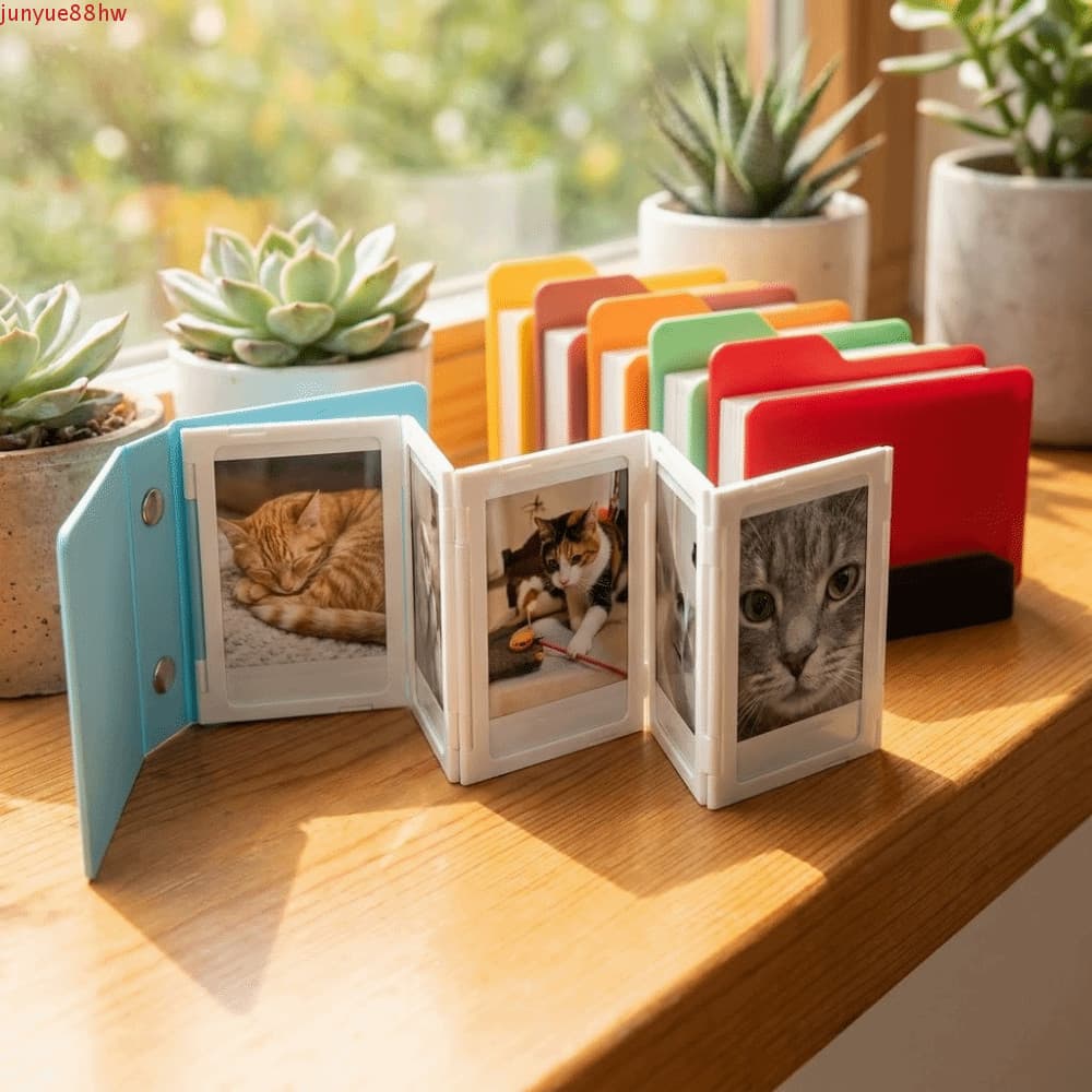 Mini porta-retratos dobráveis JUNYUE em cores variadas com fotos de gatos em um suporte de madeira