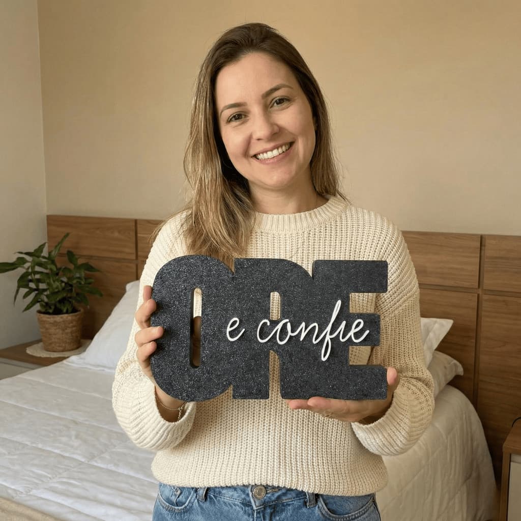 Letreiro Ore e Confie 3D Placa Decorativa Mesa Estante Escritório Home Office Cristã Premium