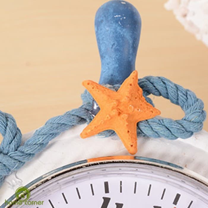 Relógio de parede náutico com estrela do mar e corda azul, ideal para decoração de ambientes marítimos.