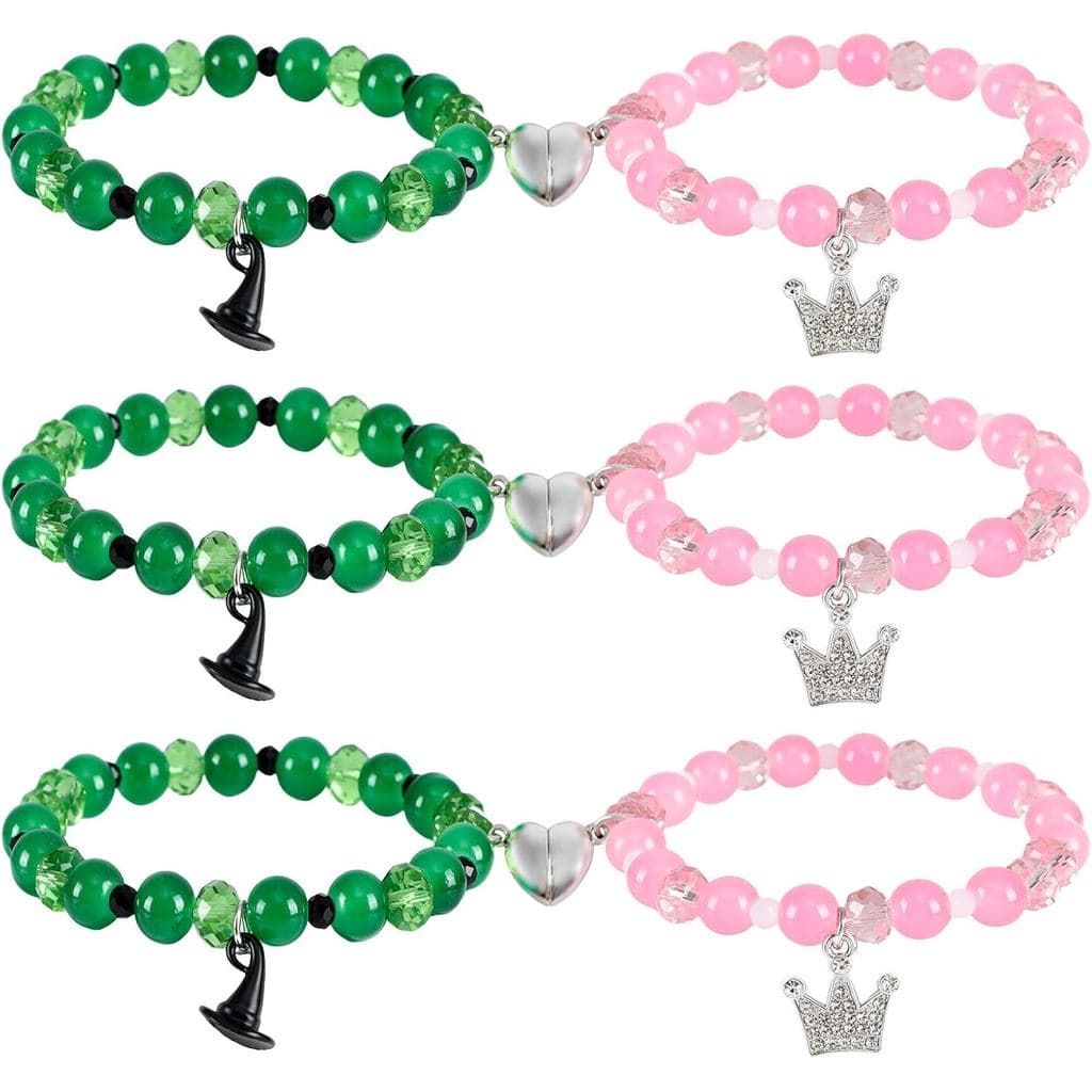 6 Peças Pulseiras de Amizade de Halloween com Tema de Bruxa e Princesa, Verde e Rosa, com Strass, Acessórios de Chapéu d