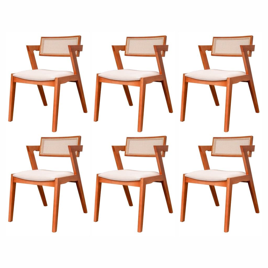 Kit 6 cadeiras Madeira Maciça, Rattan de Fibra 100% Natural e Estofada Verona Espresso Móveis  Champagne/Off White
