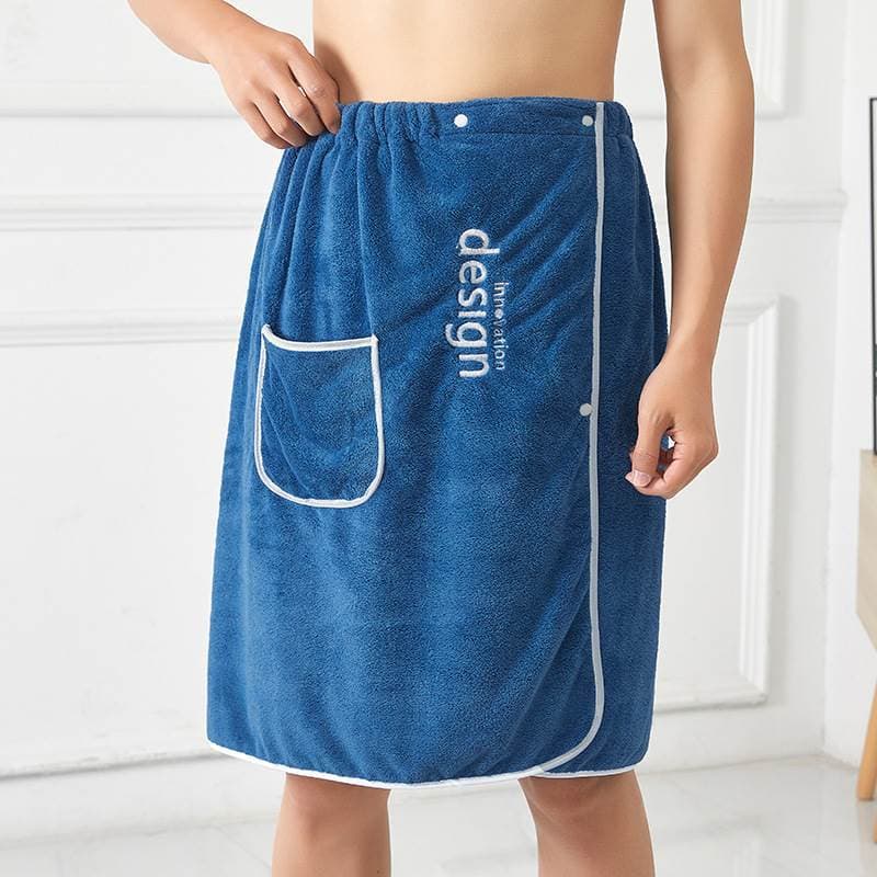 Saia de banho masculina azul de lã coral com bolso e fechamento por botões, fácil absorção de água, ideal para uso doméstico.