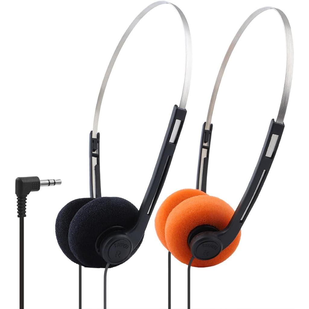 Fones de ouvido retro over-ear preto e laranja com conector de 3,5 mm