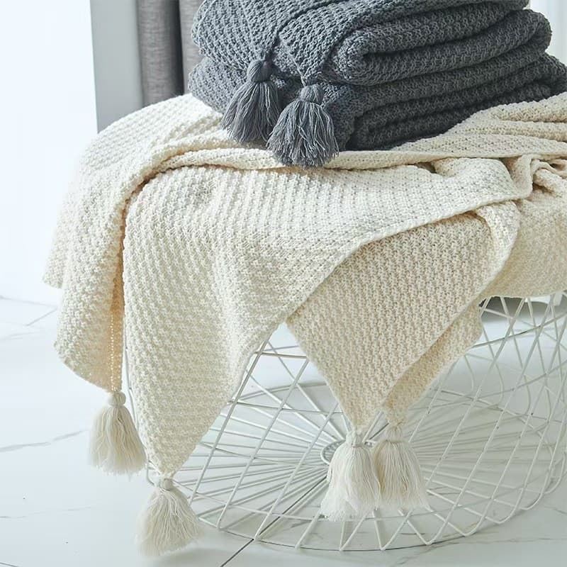 Manta decorativa para sofá em estilo nórdico, manta para sofá de escritório com franjas e bolinhas de tricô, manta peque