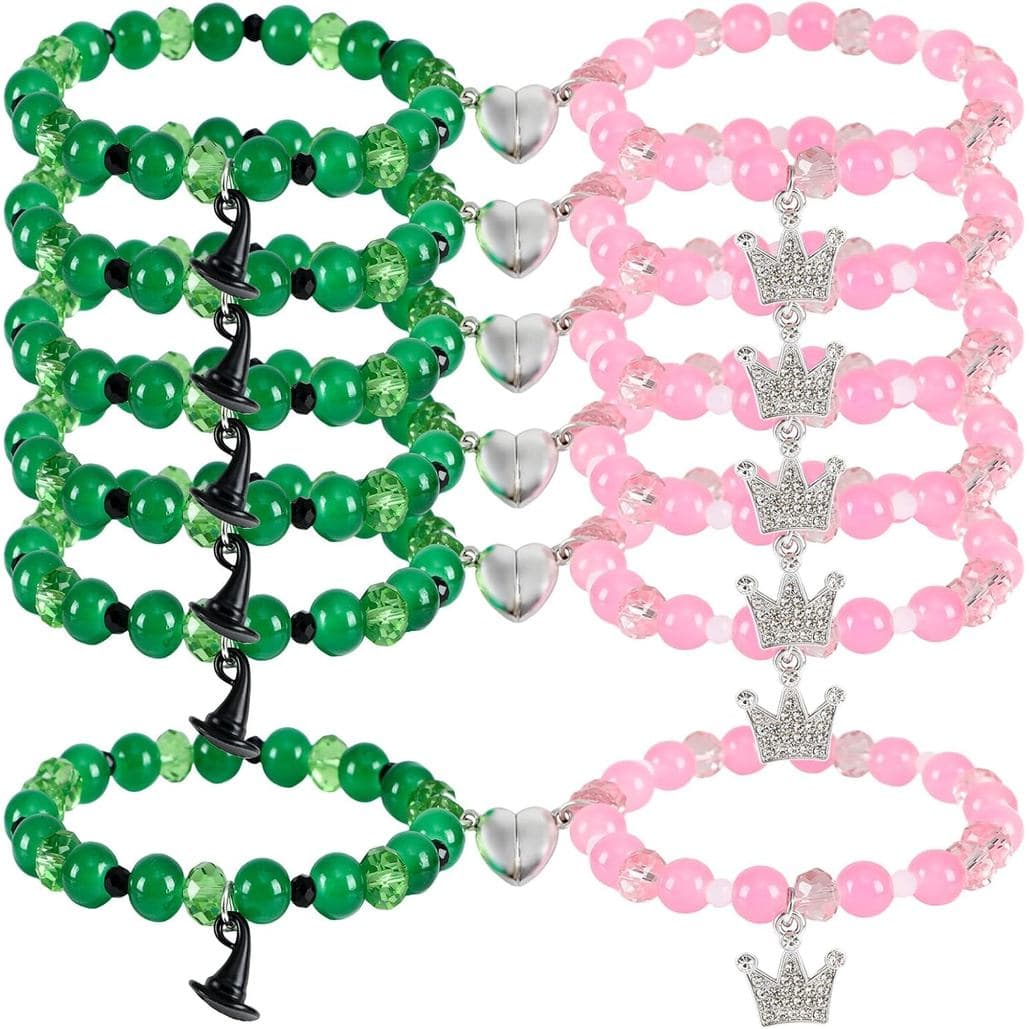 12 Peças de Pulseiras de Amizade para Halloween com Tema de Bruxa e Princesa, em Verde e Rosa, com Strass, Acessórios de
