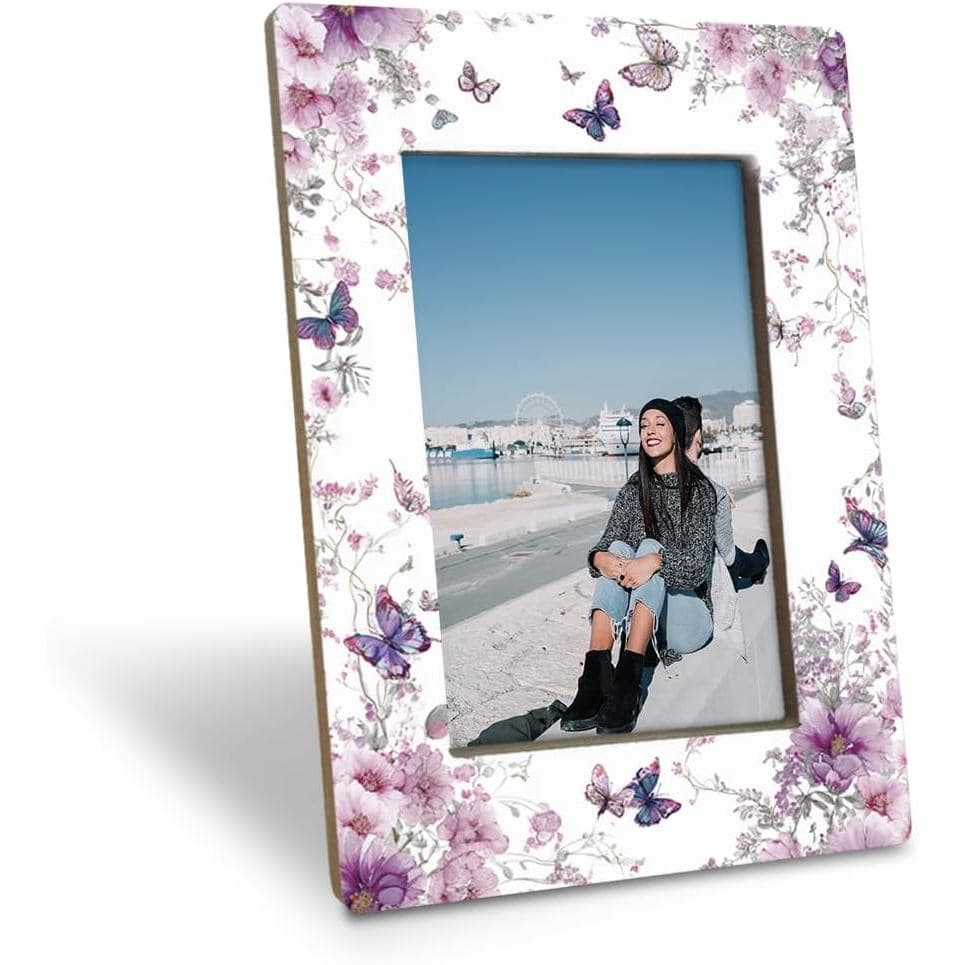 Porta-retratos Floral, Molduras com Design de Flores Roxas e Borboletas, Porta-retratos Decorativo para Exibição em Mesa